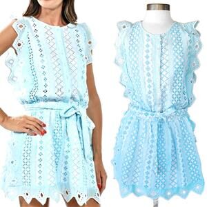 Chloe Laetitia Barok Paris Blue Eyelet Beachy Boho Mini Dress M/L Belted Preppy